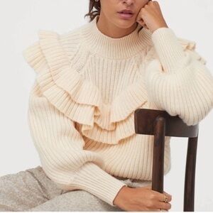 Cream rib knit ruffle sweater